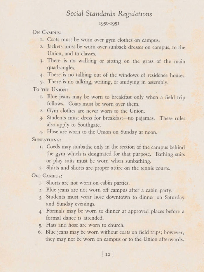 Above, women in the Woman’s College were expected to follow strict social guidelines in the 1950s.

ON CAMPUS:
﻿﻿﻿Coats must be worn over gym clothes on campus.
﻿﻿﻿Jackets must be worn over sunback dresses on campus, to the Union, and to classes.
﻿﻿﻿There is no walking or sitting on the grass of the main quadrangles.
﻿﻿﻿There is no talking out of the windows of residence houses.
﻿﻿﻿There is no talking, writing, or studying in assembly.
TO THE UNION:
﻿﻿﻿Blue jeans may be worn to breakfast only when a field trip follows. Coats must be worn over them.
﻿﻿﻿Gym clothes are never worn to the Union.
﻿﻿﻿Students must dress for breakfast—no pajamas. These rules also apply to Southgate.
﻿﻿﻿Hose are worn to the Union on Sunday at noon.
SUNBATHING:
﻿﻿﻿Coeds may sunbathe only in the section of the campus behind the gym which is designated for that purpose. Bathing suits or play suits must be worn when sunbathing.
﻿﻿﻿Shirts and shorts are proper attire on the tennis courts.
OFF CAMPUS:
﻿﻿﻿Shorts are not worn on cabin parties.
﻿﻿﻿Blue jeans are not worn off campus after a cabin party.
﻿﻿﻿Students must wear hose downtown to dinner on Saturday
and Sunday evenings.
﻿﻿﻿Formals may be worn to dinner at approved places before a formal dance is attended.
﻿﻿﻿Hats and hose are worn to church.
﻿﻿﻿Blue jeans may be worn without coats on field trips; however, they may not be worn on campus or to the Union afterwards.