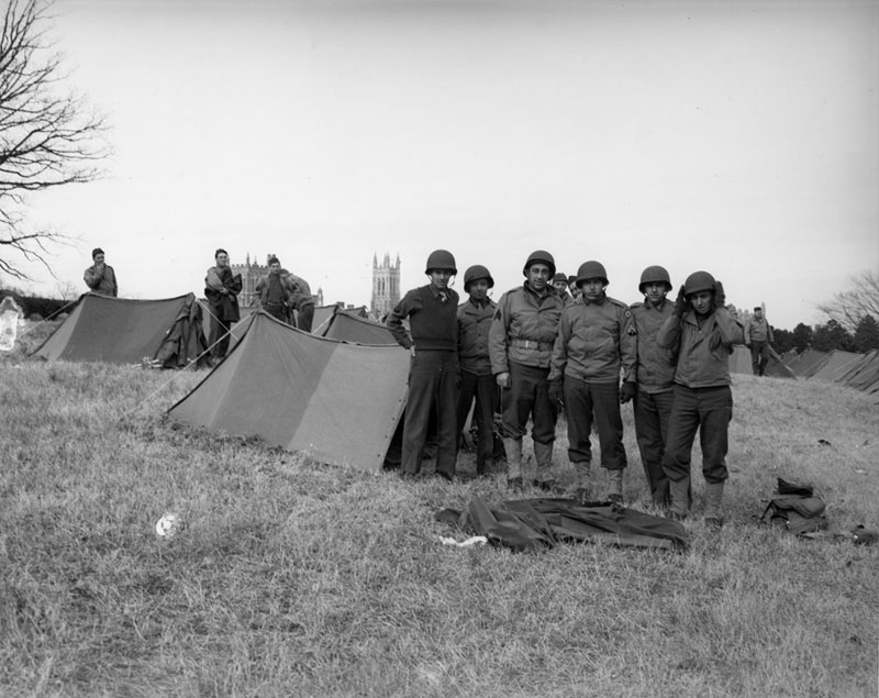 During World War II, Duke staffed an entire U.S. Army hospital, the 65th General Hospital Unit, with Duke students, alumni, and faculty. Members of the unit trained on West Campus before leaving for England, where the 65th carried out lifesaving care for over 17,000 soldiers in Europe during the war, earning many distinguished citations.