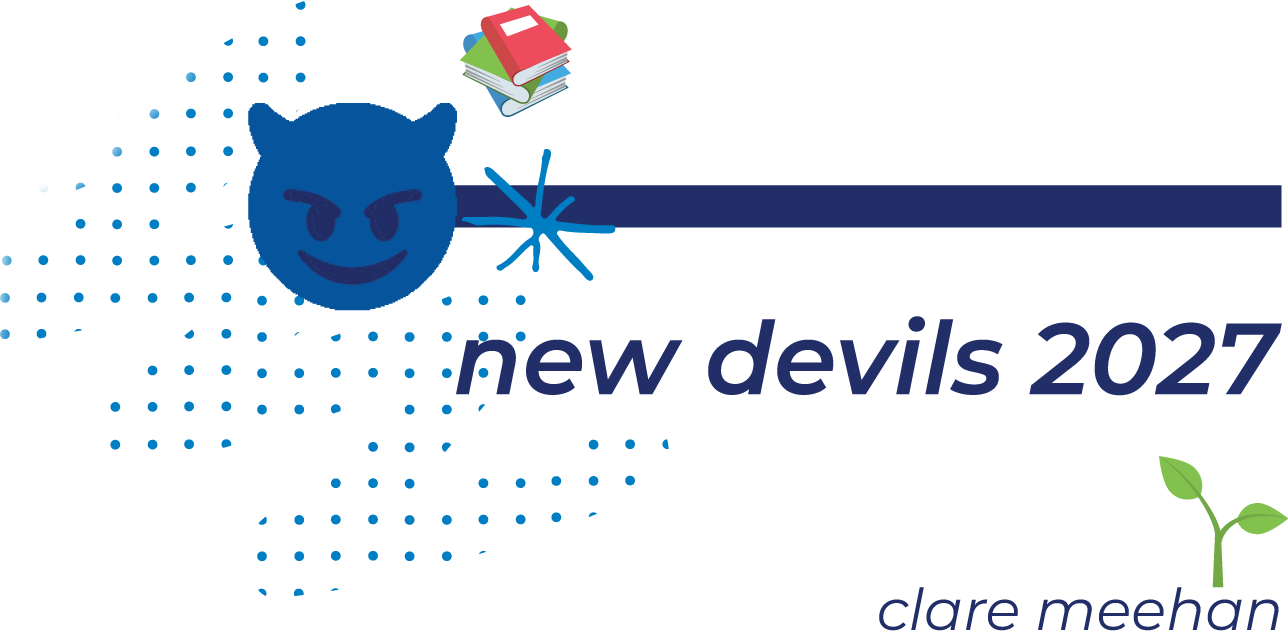 new devils 2027 header for Clare Meehan with a Blue Devil icon, books icon and plant icon