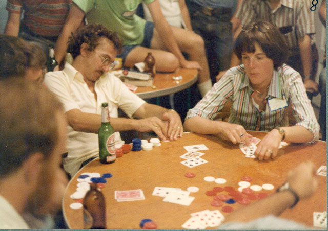 Paul Modrich playing a poker game that was a regular occurrence at the Department of Biochemistry’s annual retreat at the Duke Marine Lab in Beaufort.  Photo from 1978 or 79.