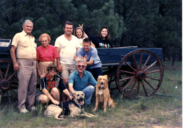 1987 family photo. front row: Paul Modrich with his wife Vickers Burdett.  2nd row – Paul Modrich’s father, mother, brother, and son Adam.  3rd row- Paul’s daughter Amy and niece.