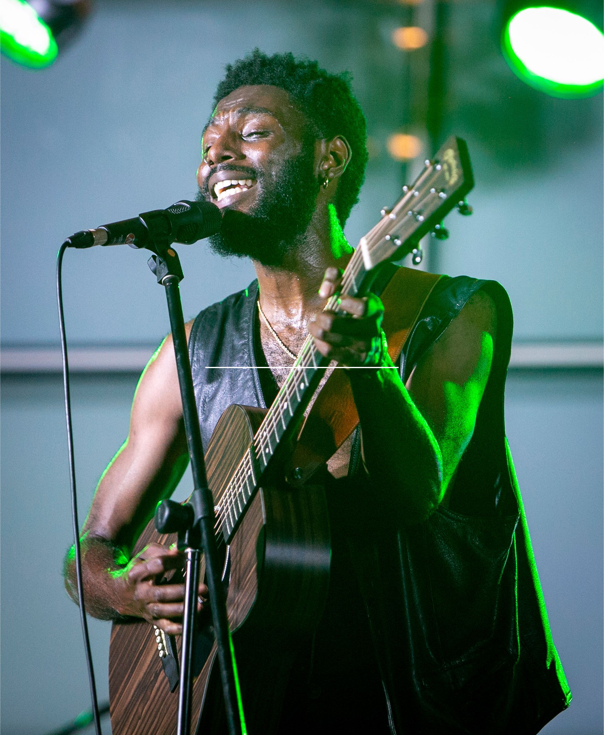 A bearded man in a black vest, lit by green lights behind him, leans into a microphone while singing and playing guitar