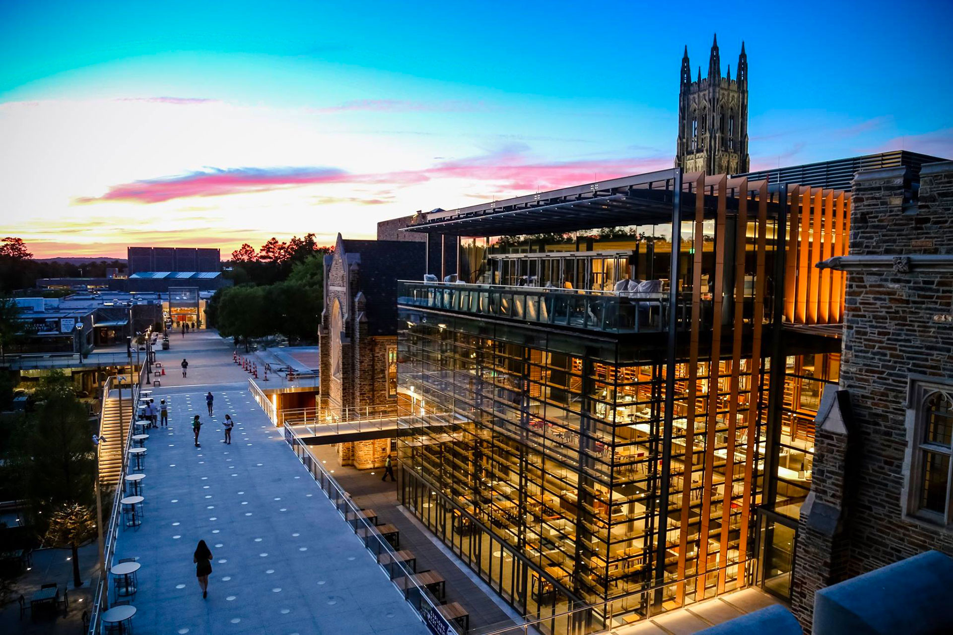 Brodhead Center at sunset with Duke Chapel in the background