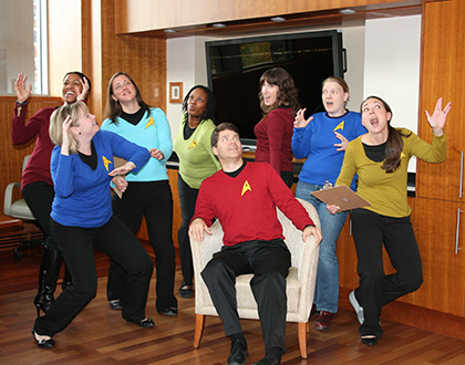 Live Long and Prosper, submitted by Staci Thornton and the Pratt Professional Master's Program team. Pictured, from left, are  Jamila Belk, Staci Thornton, Erin Degerman, LaTondra Murray Chandler, Brad Fox, Bridget Leddy Fletcher, Susan Brown and Dorsey Bachenheimer.