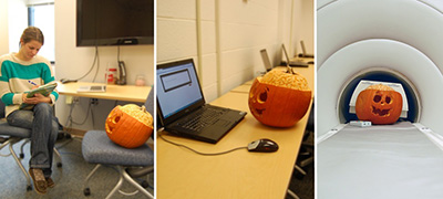 Annchen Knodt, research associate in the lab of Dr. Ahmad Hariri, carved a pumpkin that went through the three stages of the Duke Neurogenetics Study, which uses functional MRI scans to study the brain. Research assistant Kelly Faig, is pictured conducting the pumpkin's intake.