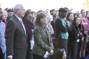 Duke President Richard H. Brodhead and Provost Sally Kornbluth at the forum in front of Duke Chapel.