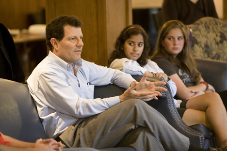 NY Times Columnist Nicholas Kristof talks with Baldwin Scholars and WISER students Thursday.  Anjali Vora and Allison Stashko, Duke students who were in Kenya this summer with WISER, look on. 