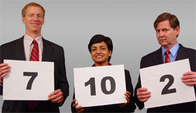 Duke business professors (L-R) John Graham, Manju Puri and Campbell Harvey submit themselves for judgment. Who looks more friendly, or more competent?   