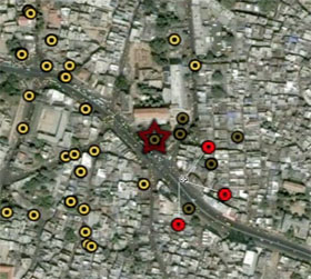 Manju Puri, via Google Earth A Google Earth image shows the location of the bank (star) in India's Gujarat state and the location of customers who withdrew funds.