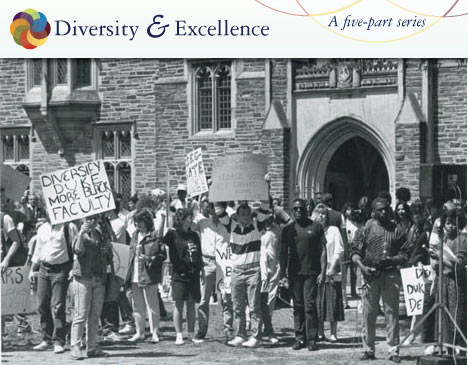 Students, faculty and community members demonstrate in support of the Black Faculty Initiative in 1988. 