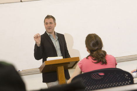 Philosophy professor Andrew Janiak teaches a class on East Campus 