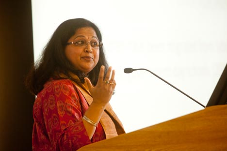 Duke Associate Professor Leela Prasad discusses education in rural India during 'A World Together' Panel. 