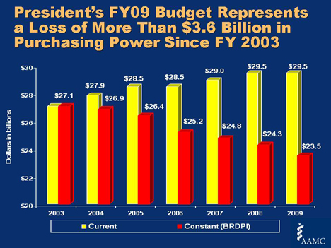 Chart shows the loss of purchasing power resulting from the flat NIH budgets since 2003. 