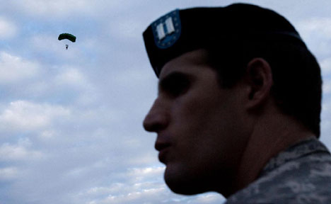 Scotty Smiley, a member of the Fuqua School's Duke Armed Forces Club, attends a parachute demonstration on campus Friday, Feb. 13. The Student Veteran's Association, a new group for Duke vets, participated in the Fuqua club's event. 