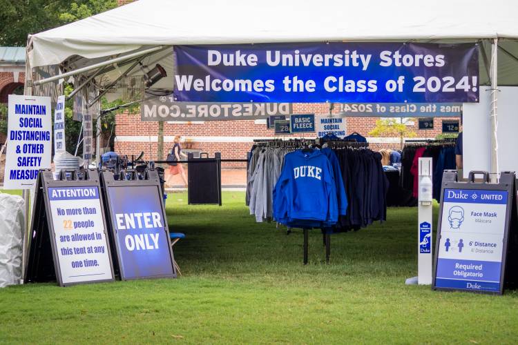 Duke Stores set up a tent on East campus for outdoor shopping for incoming freshman and their families on the first day of move-in for the class of 2024.