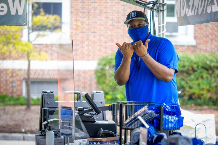 Duke Stores set up a tent on East campus for outdoor shopping for incoming freshman and their families on the first day of move-in for the class of 2024.