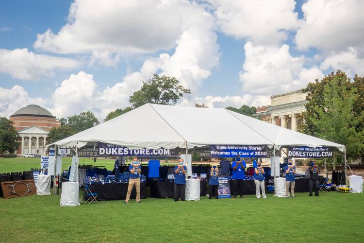 Duke Store Staff. Duke Stores set up a tent on East campus for outdoor shopping for incoming freshman and their families on the first day of move-in for the class of 2024.