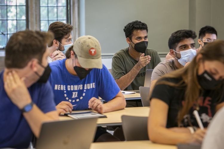 A student asks a question during his Quantum Mechanics 1 course taught by Prof. Thomas Barthel. (Jared Lazarus/Duke University Communications)