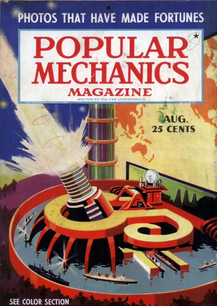 An early issue of Popular Mechanics Magazine featuring a futuristic blast machine.