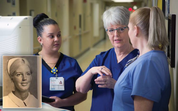 Ann Llewellyn, top, was fresh out of Watts School of Nursing when she started working at Duke Regional Hospital in 1976. Now, Llewellyn, below with team members, is a valuable, experienced voice for nurses.
