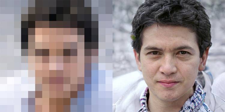 Facial features like eyes and lips are barely distinguishable in the blurry photo on the left. Enlarged more than 60 times (right) it’s a different story -- thanks to artificial intelligence. 
