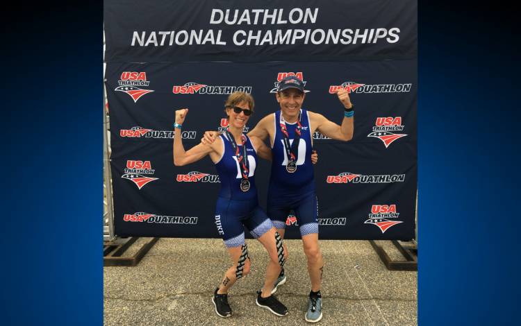 Rochelle Schwartz-Bloom, left, and Paul Bloom, right, celebrate their success in the Duathlon National Championships. Submitted Photo.