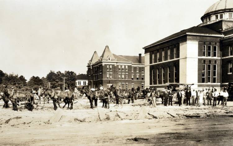 Work begins on Duke University's new-look East Campus in 1925. Photo courtesy of Duke University Archives. Construction on East Campus in 1925