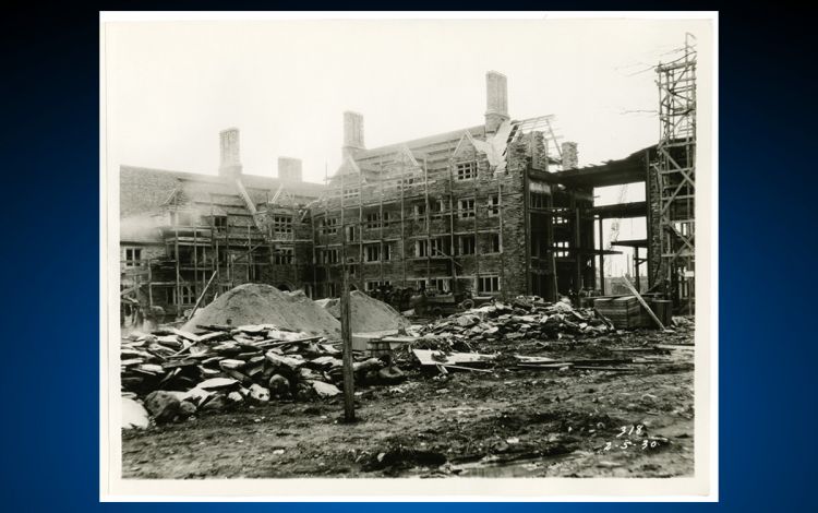 Seen here in February of 1931, the West Campus residence halls were nearing completion. Photo courtesy of Duke University Archives.