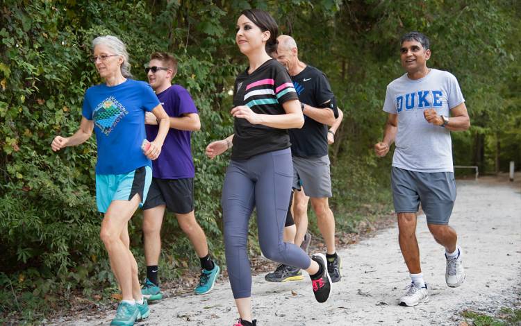 A group of people running.