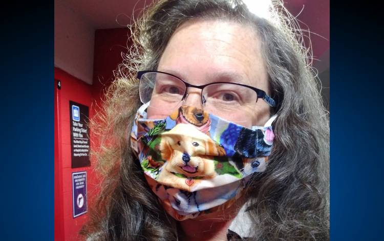 Donna Wilmoth's friend made her a dog-covered mask. Photo courtesy of Donna Wilmoth.