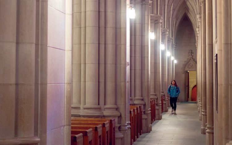 Campus community members have long found peace in quiet moments at Duke University Chapel . Photo courtesy of University Communications.