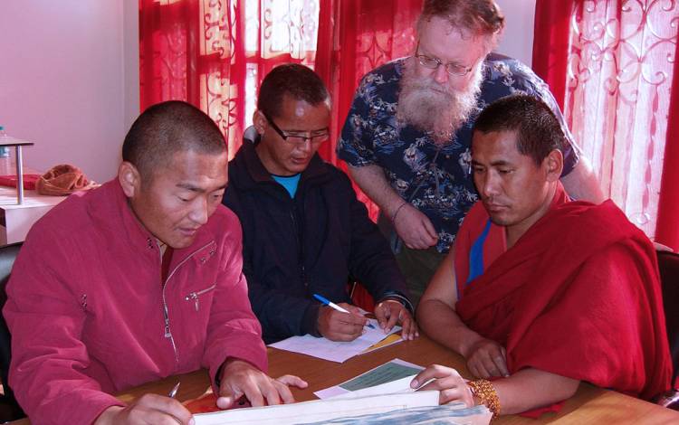 Duke librarian Edward Proctor, second from right, worked with monks at Menri Monastery in Northern India. Photo courtesy of Edward Proctor.