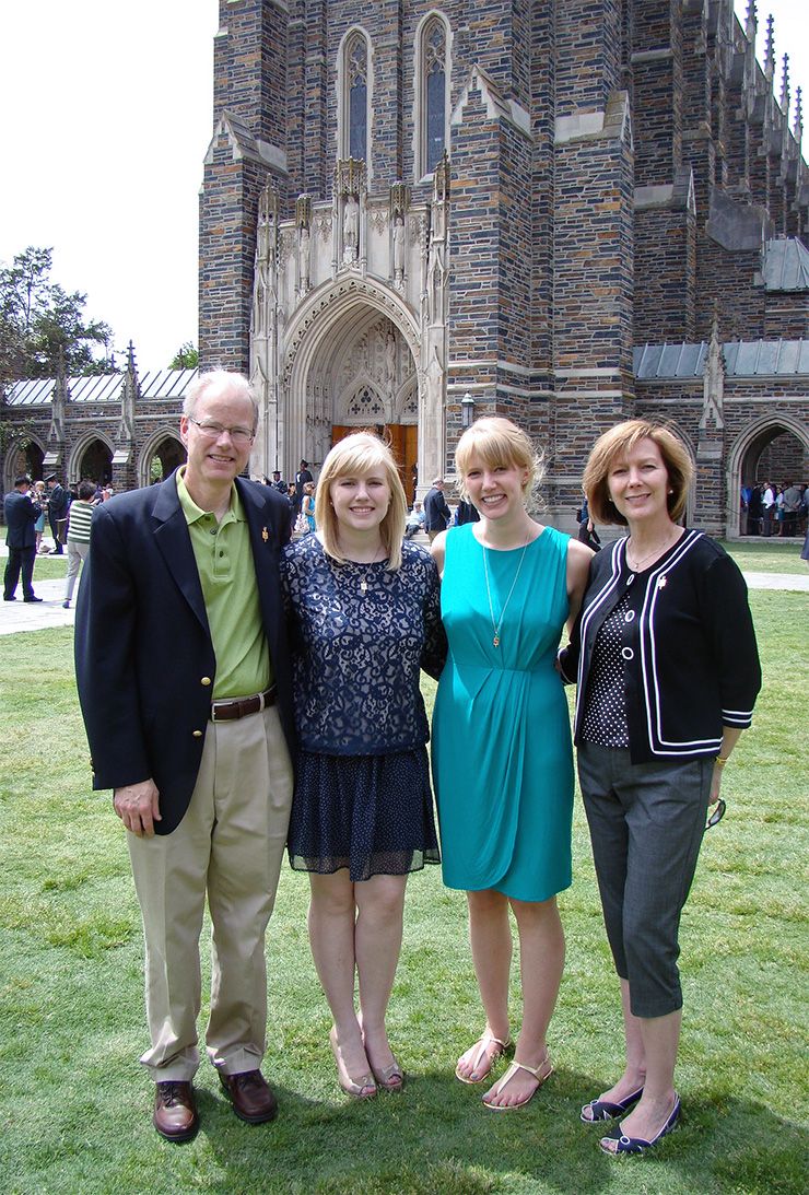 In addition to being a Duke faculty member, Dr. Eric Rohlfing, left, is part of a family of Duke alums, including his daughters Meg, second from left, Anne, second from right, and his wife, Dr. Celeste Rohlfing, right. Photo courtesy of Eric Rohlfing.