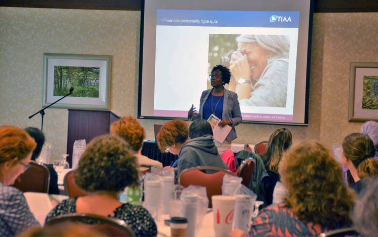 TIAA financial consultant Shanna Crumpler presents to a group during Financial Fitness Week.