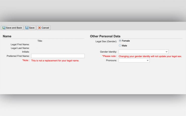 Dashboard for selecting gender ID and pronouns.