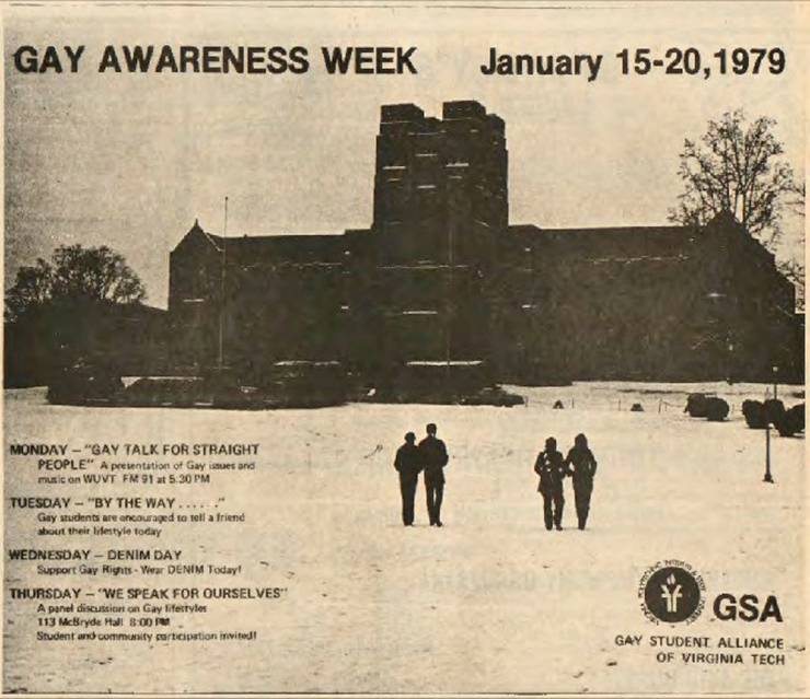 A poster advertising 1979's Gay Awareness Week at Virginia Tech. Photo courtesy of Nancy Kelly.
