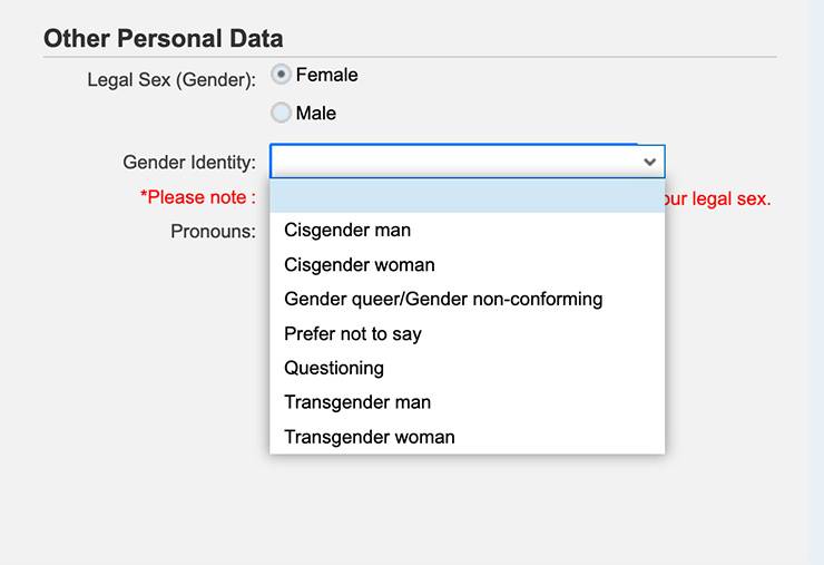 Drop-down list for gender identity.