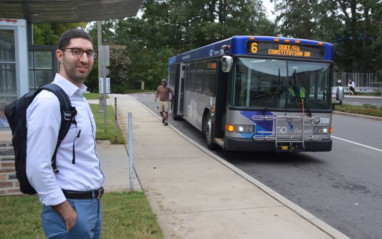 Mark Yacoub uses his GoPass to commute from Raleigh to Duke's West Campus. Photo by Jonathan Black.