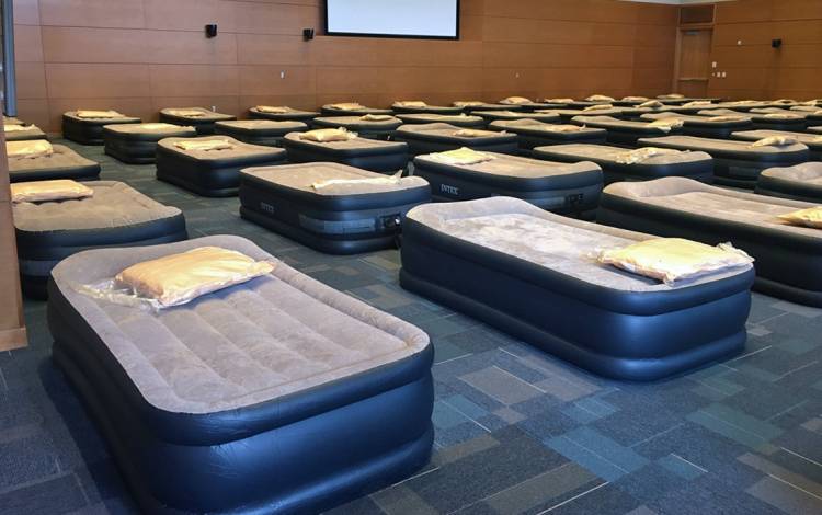 Air mattresses were set up in the Trent Semans Center's Great Hall for Duke University Hospital employees to grabs some much-needed rest. Photo courtesy of Duke University Hospital.