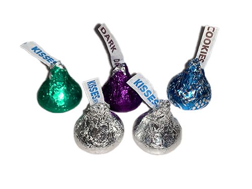 Five, foil wrapped Hershey's Kisses: two silver, one green, one purple (Dark chocolate), and one light blue (cookies and cream)