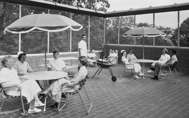 Staff members take a break during a shift at Highland Hospital. Photo courtesy of Duke Medical Center Archives.