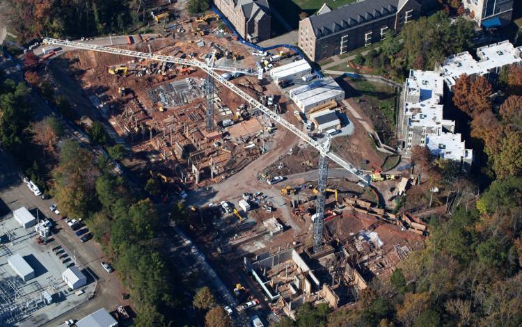 An aerial photo by Skanska, the construction company that built the $119-million Hollows Quad, captures the site at Towerview Road in November of 2017. 