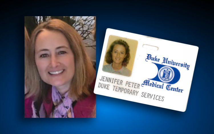 On the right, a photo of Jennifer Solomon. On the left, her identification as a first-time employee at Duke. Photos courtesy of Jennifer Solomon.