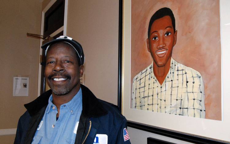 Jimmie Banks created his portrait of late Duke student leader Reginaldo Howard over the course of a single day in 2006. Photo by Stephen Schramm.