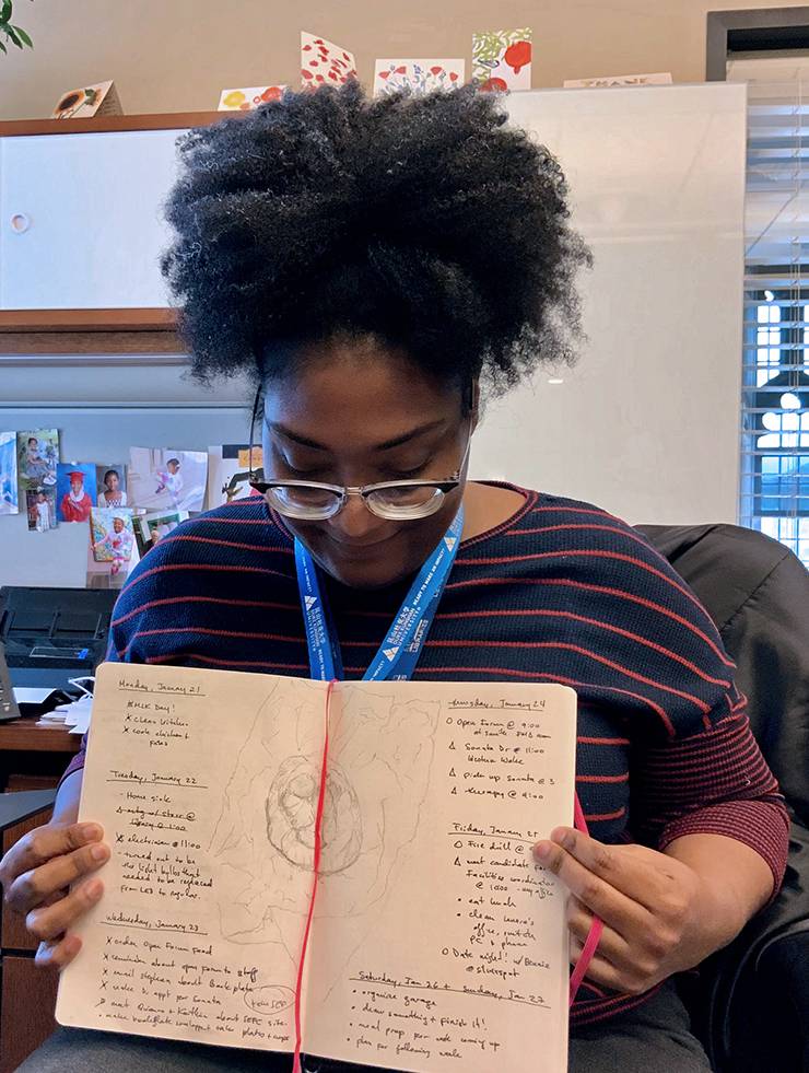 Katryna Robinson, executive assistant to the Duke University Librarian, keeps her list in a journal she decorates with her own artwork. Photo courtesy of Katryna Robinson.
