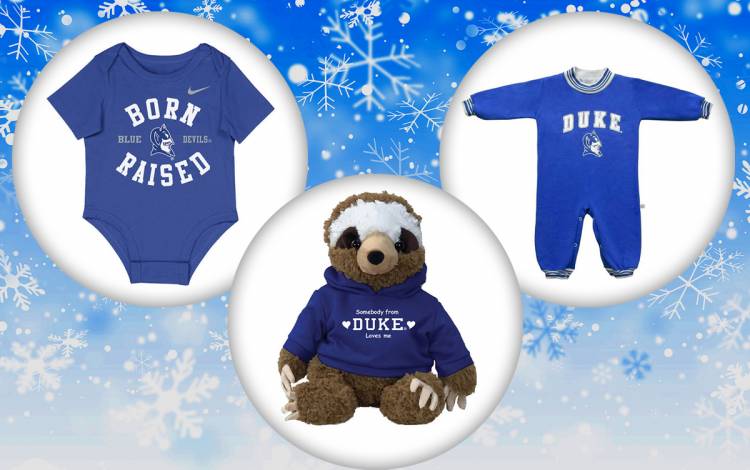 Duke University Stores offers an array of gifts for children. Images courtesy of Duke University Stores. Kids clothes and a stuffed sloth.