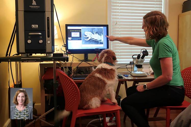 Holly Leddy and June the Science Dog examine a microscope image