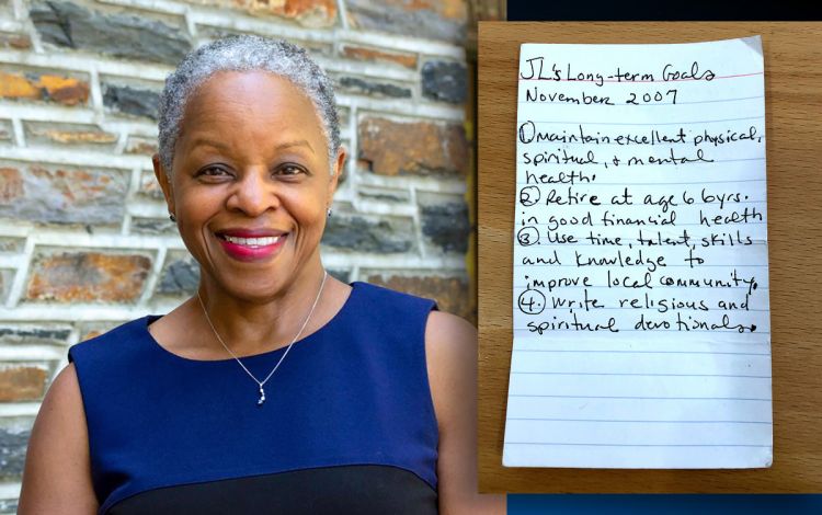 For years, former Duke Graduate School Associate Dean Jacqueline Looney, left, carried an index card, right, on which she wrote personal goals.