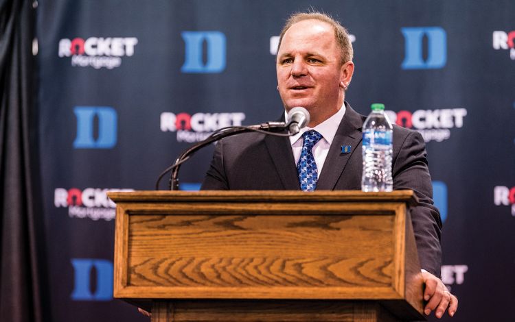 Mike Elko speaks to the media and Duke community at his opening press conference in December. Photo courtesy of Duke Athletics.