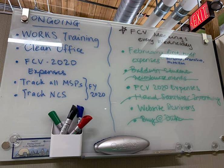 Lyn Francisco's office whiteboard still shows notes from March 2020. Photo courtesy of Lyn Francisco.